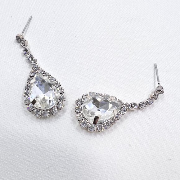 Clear Jeweled Costume Drop Teardrop Shiny Silver Tone Post Earrings - Picture 6 of 6